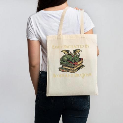 Easily Distracted By Books And Dragons Graphic Premium Canvas Tote Bag - Bookorys