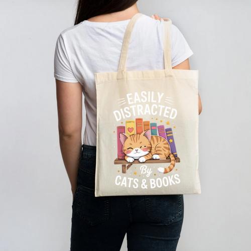 Easily Distracted By Cats And Books Cute Cat Sleeping Girls Canvas Tote Bag - Bookorys
