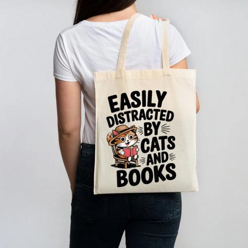 Easily Distracted By Cats And Books Lovers Reading Canvas Tote Bag - Bookorys