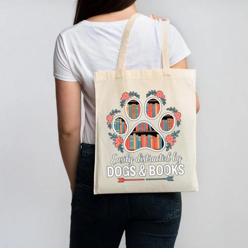 Easily Distracted By Dogs And Books Reading Canvas Tote Bag - Bookorys