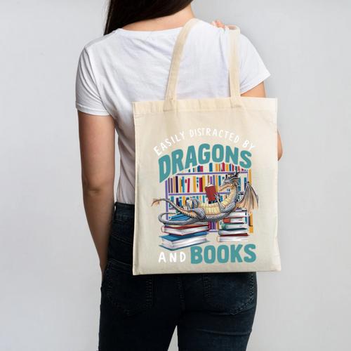 Easily Distracted By Dragons And Books Bookworm Canvas Tote Bag - Bookorys