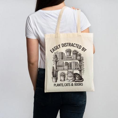 Easily Distracted By Plants Cats & Books Planting Gardening Canvas Tote Bag - Bookorys CA