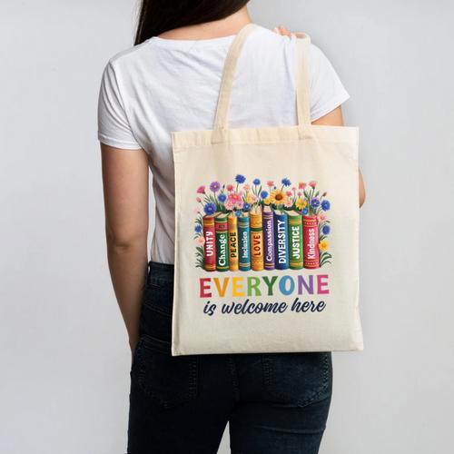 Everyone Is Welcome Here Floral Book LGBT Pride Equality Canvas Tote Bag - Bookorys DE