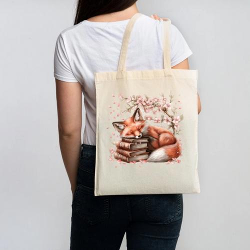 Fox And Book Lover Graphic For Women And Spring Pink Flower Canvas Tote Bag - Bookorys