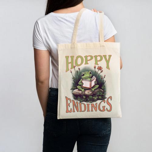 Frog Floral Cottage Core Reading Book Hoppy Endings Canvas Tote Bag - Bookorys