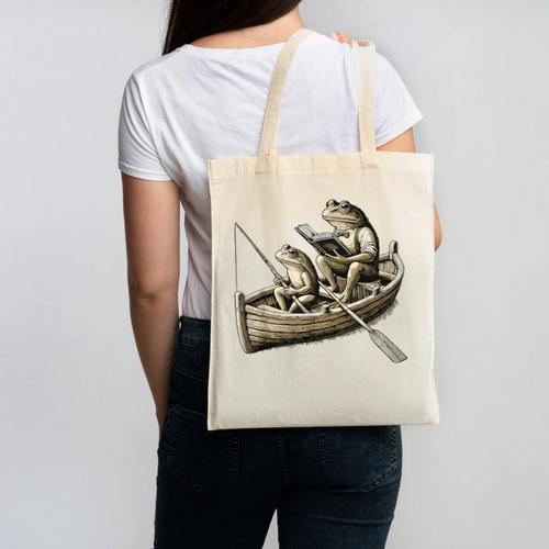 Frog Frogs Fishing & Book Vintage Classic Cottagecore Frog Canvas Tote Bag - Bookorys