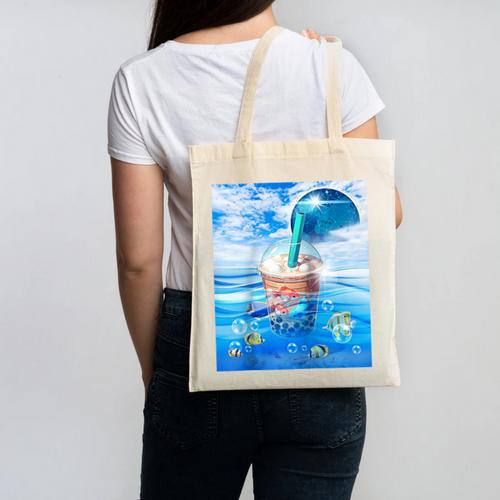 Frutiger Aero Aesthetic Tech Bubble Tea Boba Milktea Fishes Raglan Baseball Tee Canvas Tote Bag - Figerry