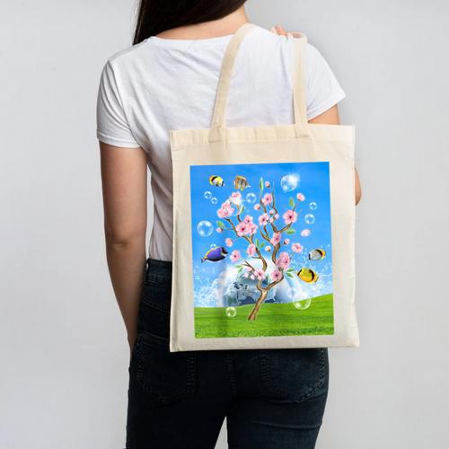 Frutiger Aero Aesthetic Tech Cherry Blossom Fishes Bubbles Raglan Baseball Tee Canvas Tote Bag - Figerry
