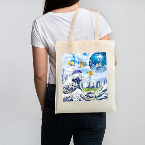 Frutiger Aero Aesthetic Tech Great Wave Of Kanagawa Fishes Raglan Baseball Tee Canvas Tote Bag - Figerry