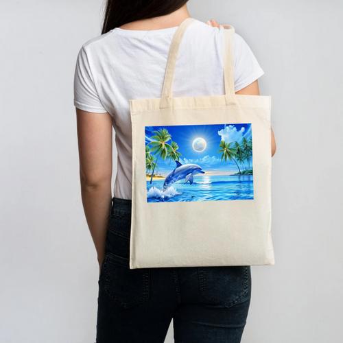Frutiger Aero Dolphin Sunset Ocean With Palm Trees Y2k Premium Canvas Tote Bag - Figerry