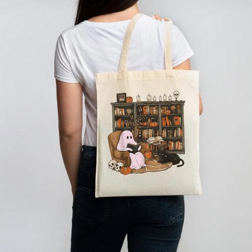 Ghost Reading Book Cat Lover Halloween Reading Enthusiast Canvas Tote Bag - Bookorys DE
