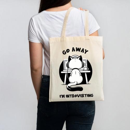 Go Away I'm Introverting Cat With Coffee Canvas Tote Bag - Raresse
