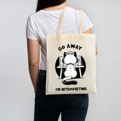 Go Away I'm Introverting Cat With Coffee Canvas Tote Bag - Raresse