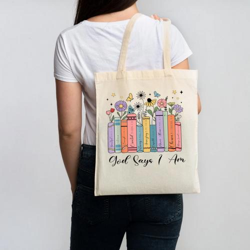 God Says I Am Floral Book Cute Christian Girl Teen Religious Canvas Tote Bag - Bookorys DE