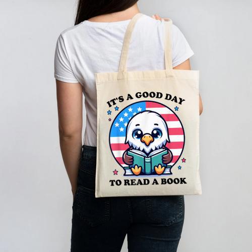 A Good Day To Read a Book Reading Eagle With American Flag Canvas Tote Bag - Bookorys CA