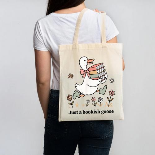 Goose With Books Cute Bookworm Reader Canvas Tote Bag - Bookorys