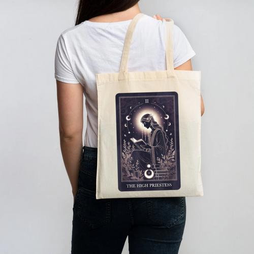 High Priestess Tarot Art Celestial Mystic Book Lover Canvas Tote Bag - Bookorys DE