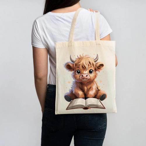 Highland Cow Reading Book Bookworm Canvas Tote Bag - Bookorys DE