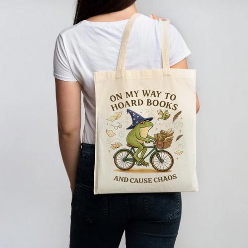 On My Way To Hoard Frog Books And Cause Cottagecore Chaos Canvas Tote Bag - Bookorys