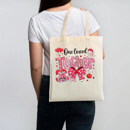 HUGvyn One Loved Teacher Valentine Book Heart Reading Bow Canvas Tote Bag - Bookorys CA