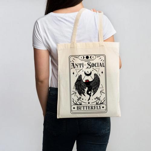 Introvert Apparel Emporium Mothman Tarot Card Antisocial Butterfly Cryptozoologist -Adults Grey Canvas Tote Bag - Raresse