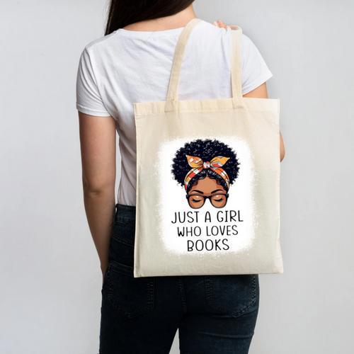 Just a Girl Who Loves Books Messy Bun Black Women Reading Canvas Tote Bag - Bookorys CA
