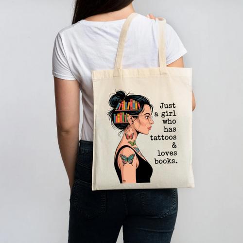 Just a Girl Who Has Tattoos And Love Books Tattooed Inked Canvas Tote Bag - Bookorys AU