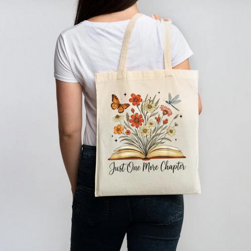 Just One More Chapter Open Book Flowers Canvas Tote Bag - Bookorys