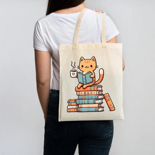 Kawaii Cat Coffee Books Teacher Men Women Girls Kids Canvas Tote Bag - Bookorys CA