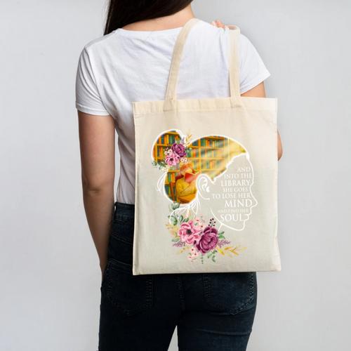And Into The Library She Goes Book Lover Reading Bookworm Canvas Tote Bag - Bookorys