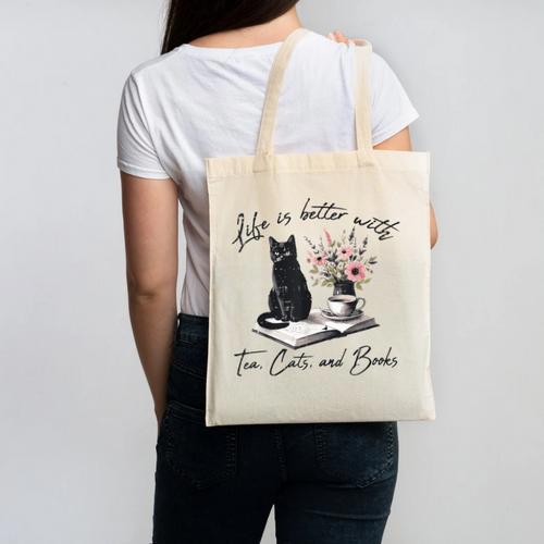 Life Better With 2 Cats Books Kitten Kitty Women Girls Kids Canvas Tote Bag - Bookorys