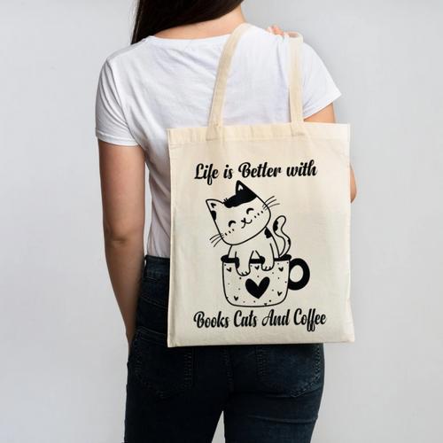 Life Is Better With Books Cats And Coffee Shirt Canvas Tote Bag - Bookorys DE