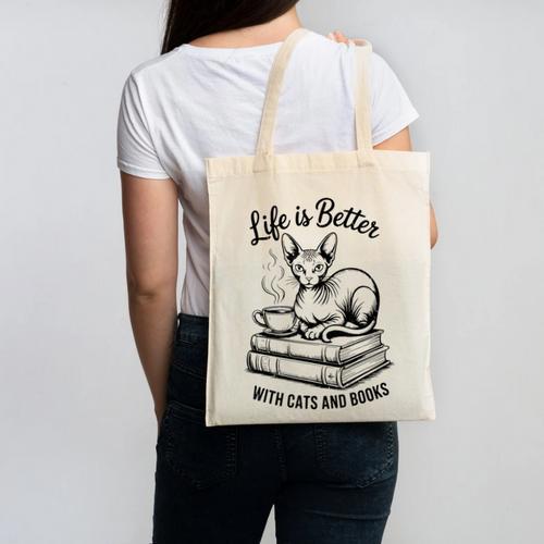 Life Is Better With Cats & Books Sphynx Cat Mom Women Canvas Tote Bag - Bookorys