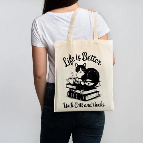 Life Is Better With Cats & Books Tuxedo Cat Mom Women Canvas Tote Bag - Bookorys