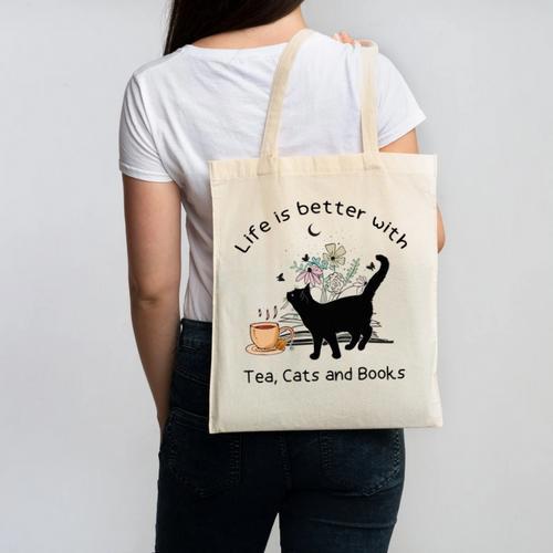 Life Is Better With Tea Cats And Books Cat Sayings Canvas Tote Bag - Bookorys DE