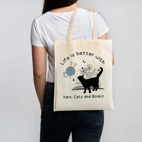 Life Is Better With Yarn Cats And Books Canvas Tote Bag - Bookorys CA