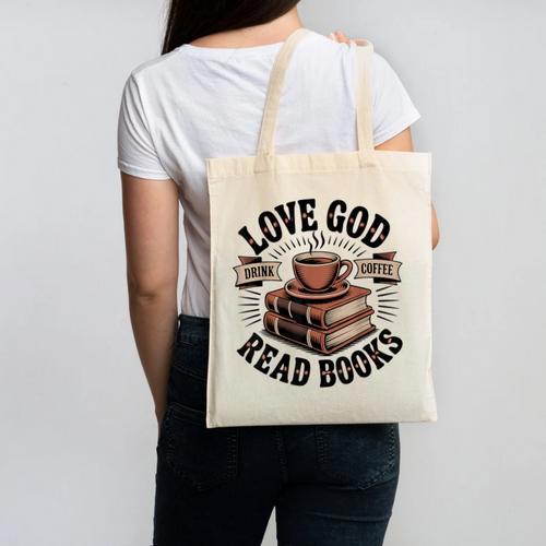 Love God Drink Coffee Read Books – Vintage Spiritual Reading Canvas Tote Bag - Bookorys