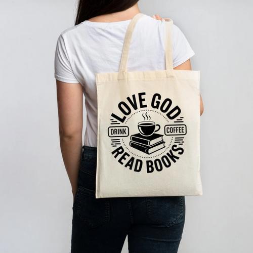 Love God Drink Coffee Read Books Christian Book Lover Canvas Tote Bag - Bookorys