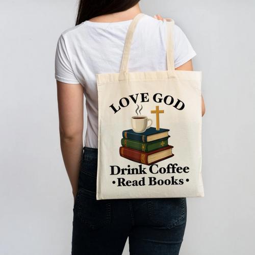 Love God Drink Coffee Read Books Lovers Jesus And Coffee Canvas Tote Bag - Bookorys
