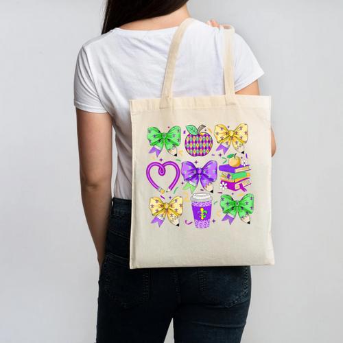 Mardi Gras Teacher Coquette Bow Pencil Apple Book Women Girl Canvas Tote Bag - Bookorys