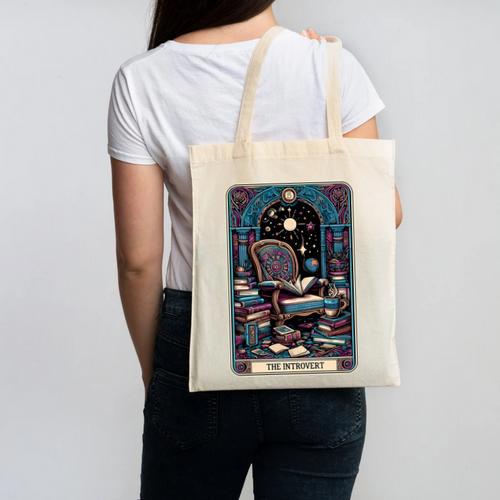 Mystical Library Book Reader The Introvert Tarot Card Canvas Tote Bag - Raresse