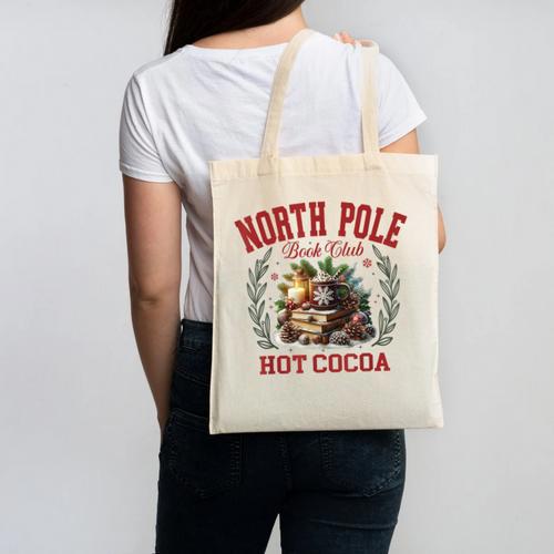 North Pole Book Club Hot Cocoa Bookworm Christmas Xmas Canvas Tote Bag - Bookorys