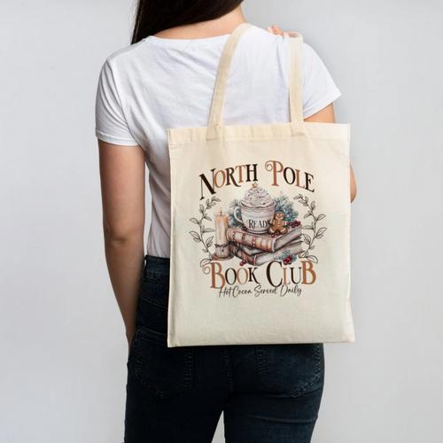 North Pole Book-Club Hot Cocoa Served Daily Christmas Book Canvas Tote Bag - Bookorys