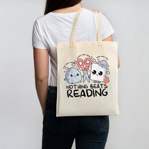 Nothing Beats Reading Rock Paper Scissors Book Lover Teacher Canvas Tote Bag - Bookorys