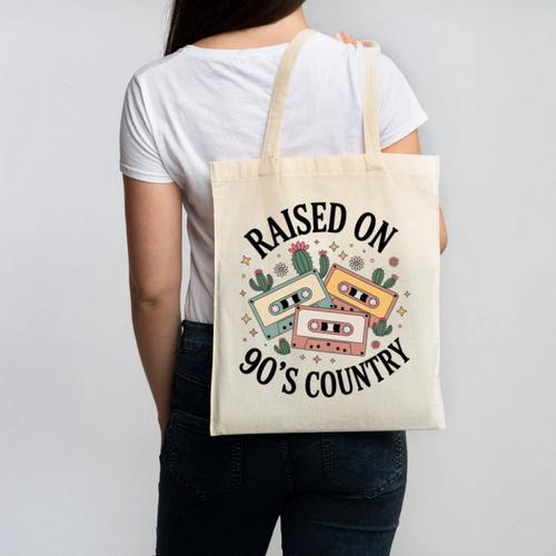Raised On 90's Country Music Lover Nostalgia Retro Vibe Premium Tri-Blend Canvas Tote Bag - Figerry