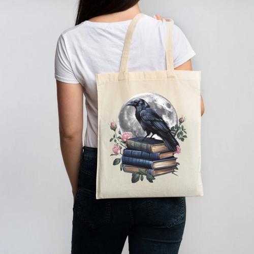 Raven Nature Art Crow Moon Book Cottagecore Botanical Flower Canvas Tote Bag - Bookorys CA