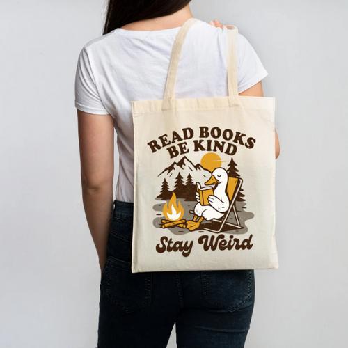 Read Books Be Kind Stay Weird Bookish Silly Goose Reading Canvas Tote Bag - Bookorys