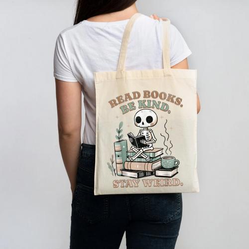 Read Books Be Kind Stay Weird Skeleton Reading Book Lover Canvas Tote Bag - Bookorys DE