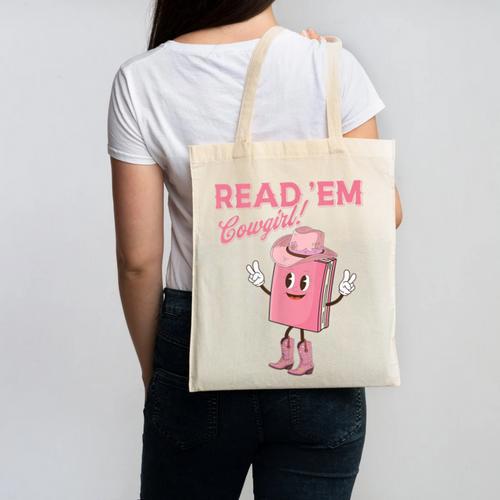 Read 'Em Western Cowgirl Retro Groovy Reading Books Canvas Tote Bag - Bookorys CA