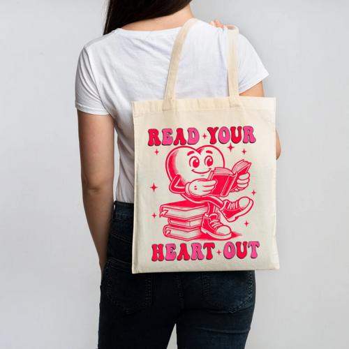 Read Your Heart Out Valentines Day Book Lover Bookish Teach Canvas Tote Bag - Bookorys